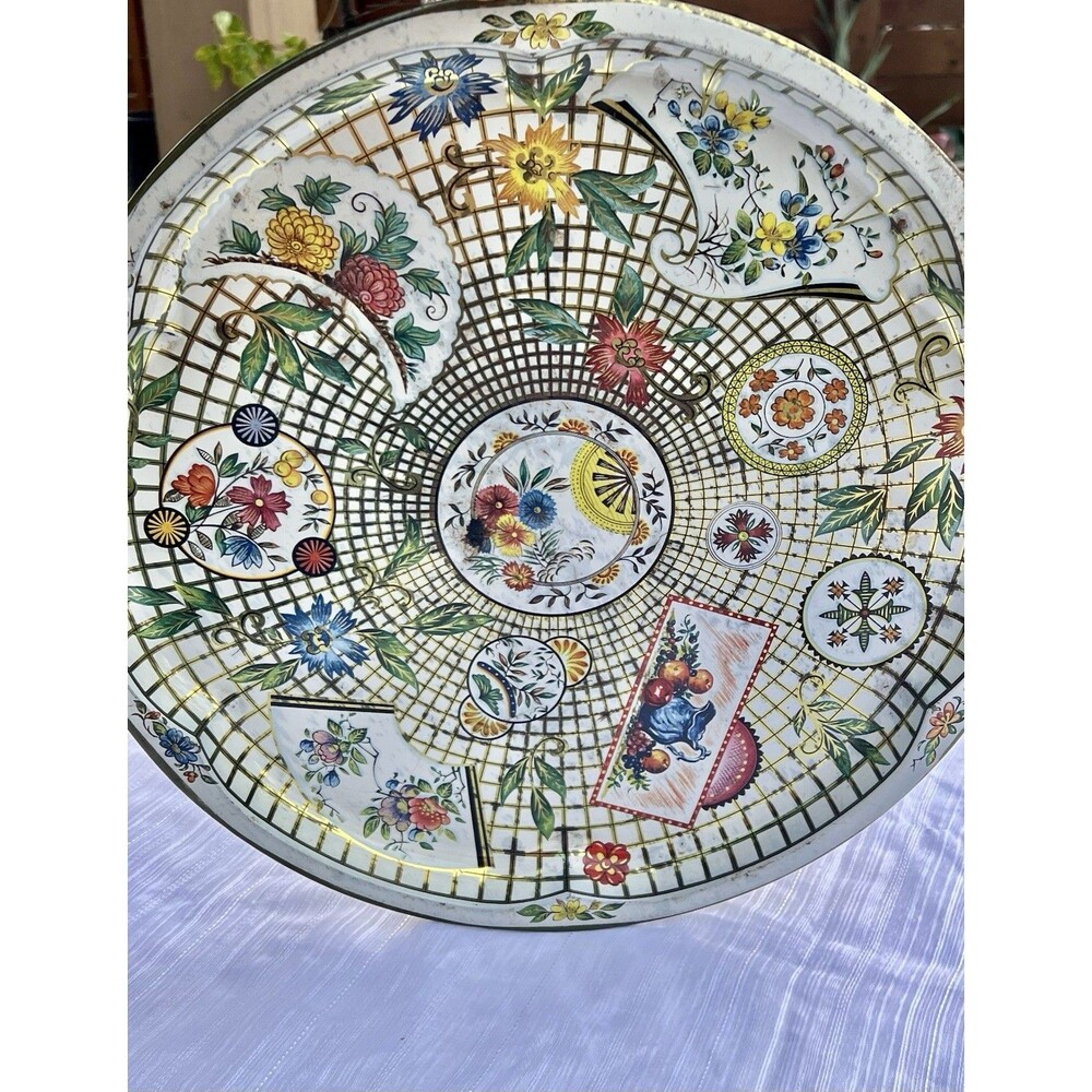 Large 1970’s Daher Floral Metal Serving Tray 16”  Gold Tin Mid Century England